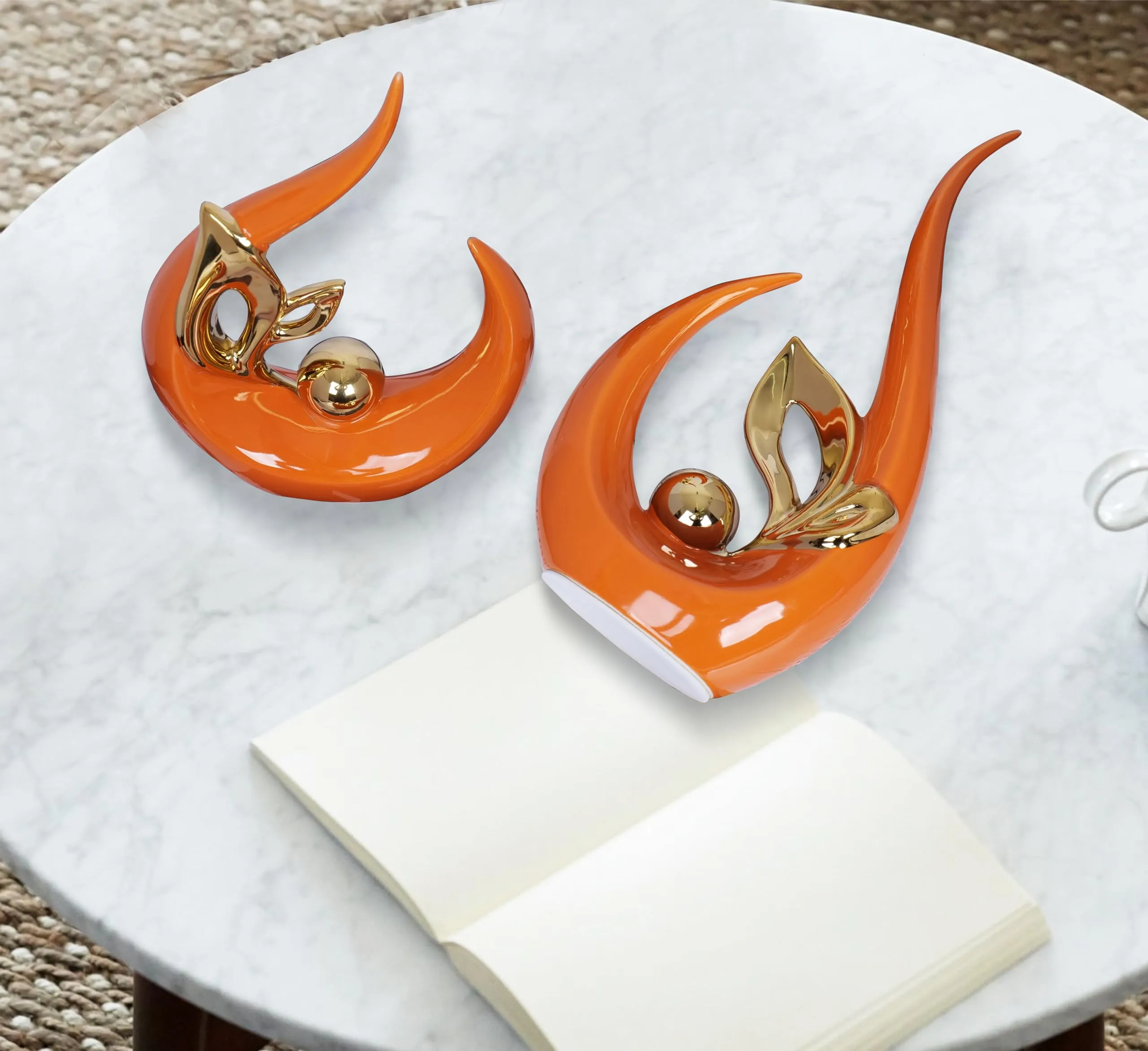 2 PCS Orange Gold Home Decor Accent Ceramic Statue Abstract Sculptures Centerpieces Mid Century Modern Decor for Tables Coffee Table top Decorations for Living Room Desktop Shelf Dining Room Kitchen