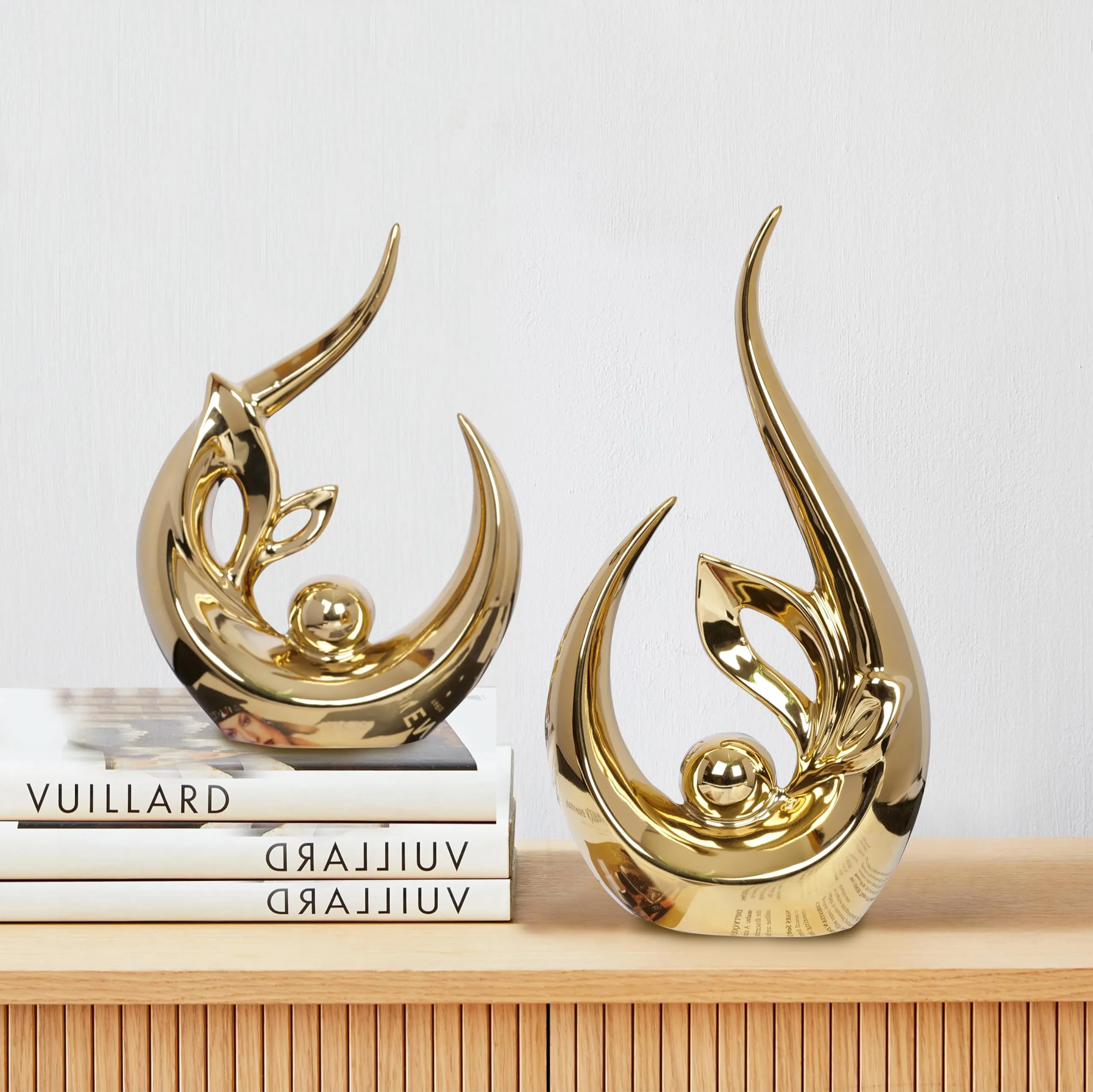 2 PCS Orange Gold Home Decor Accent Ceramic Statue Abstract Sculptures Centerpieces Mid Century Modern Decor for Tables Coffee Table top Decorations for Living Room Desktop Shelf Dining Room Kitchen