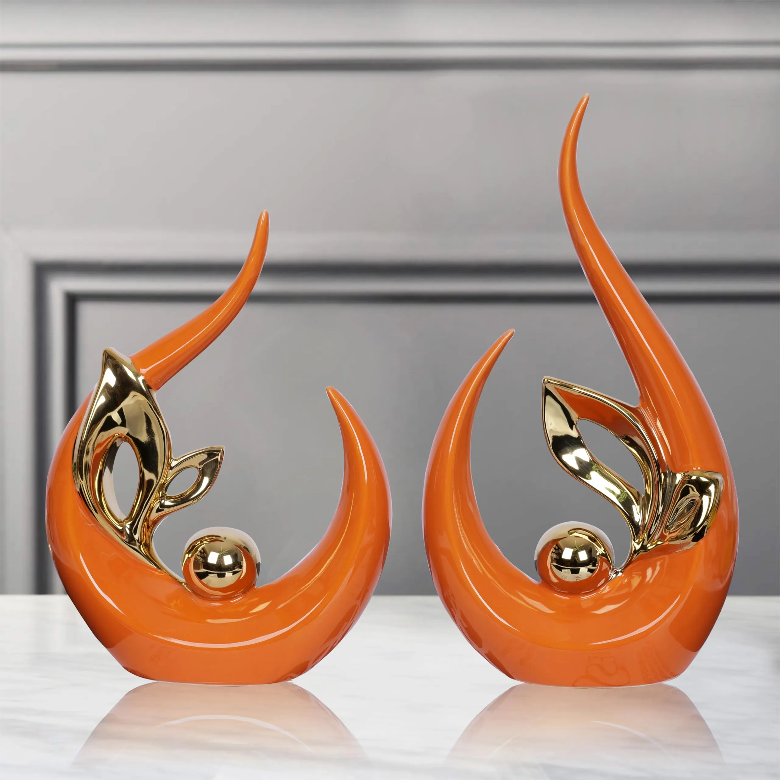 2 PCS Orange Gold Home Decor Accent Ceramic Statue Abstract Sculptures Centerpieces Mid Century Modern Decor for Tables Coffee Table top Decorations for Living Room Desktop Shelf Dining Room Kitchen