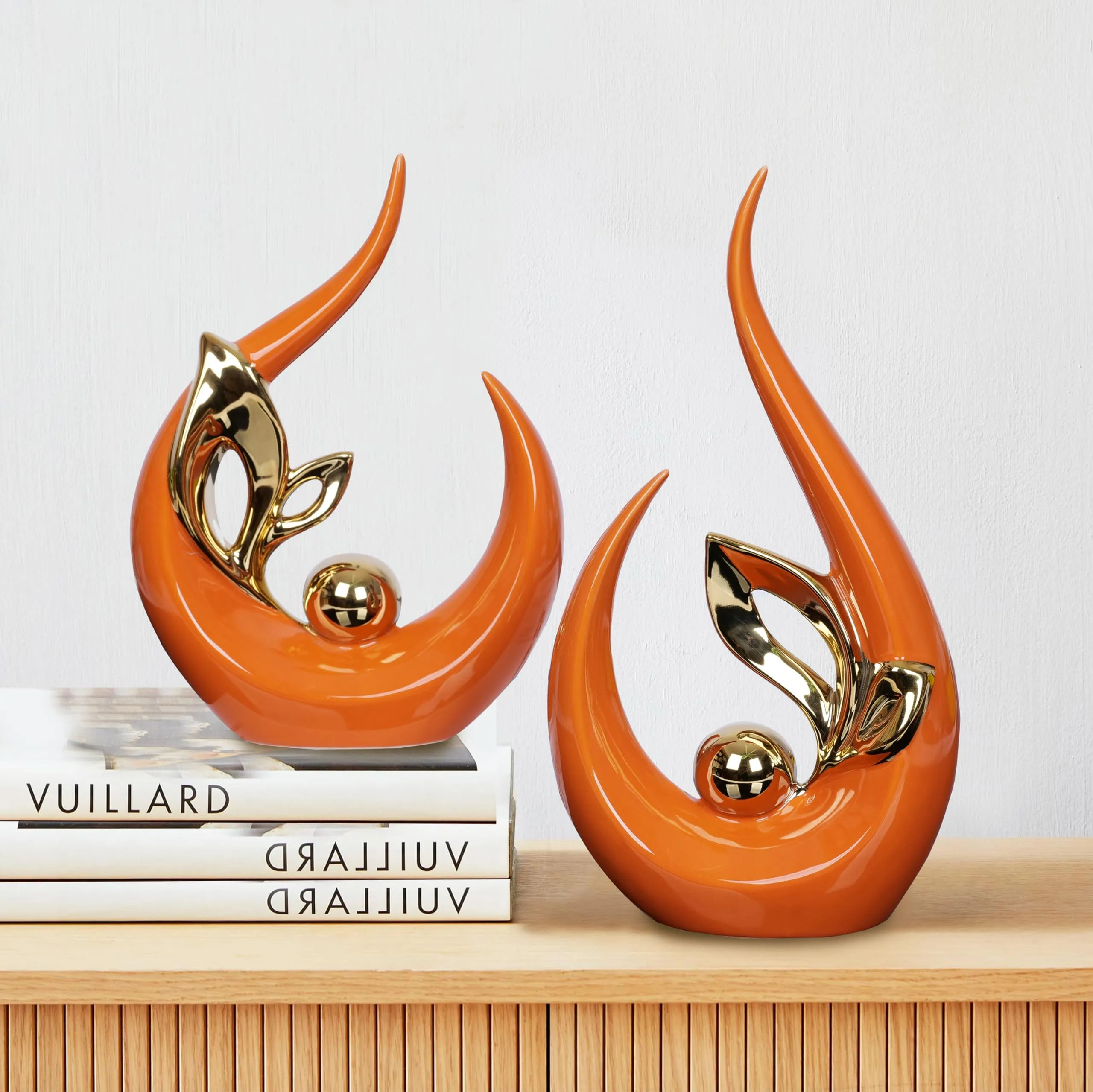 2 PCS Orange Gold Home Decor Accent Ceramic Statue Abstract Sculptures Centerpieces Mid Century Modern Decor for Tables Coffee Table top Decorations for Living Room Desktop Shelf Dining Room Kitchen