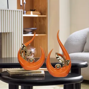 2 PCS Orange Gold Home Decor Accent Ceramic Statue Abstract Sculptures Centerpieces Mid Century Modern Decor for Tables Coffee Table top Decorations for Living Room Desktop Shelf Dining Room Kitchen