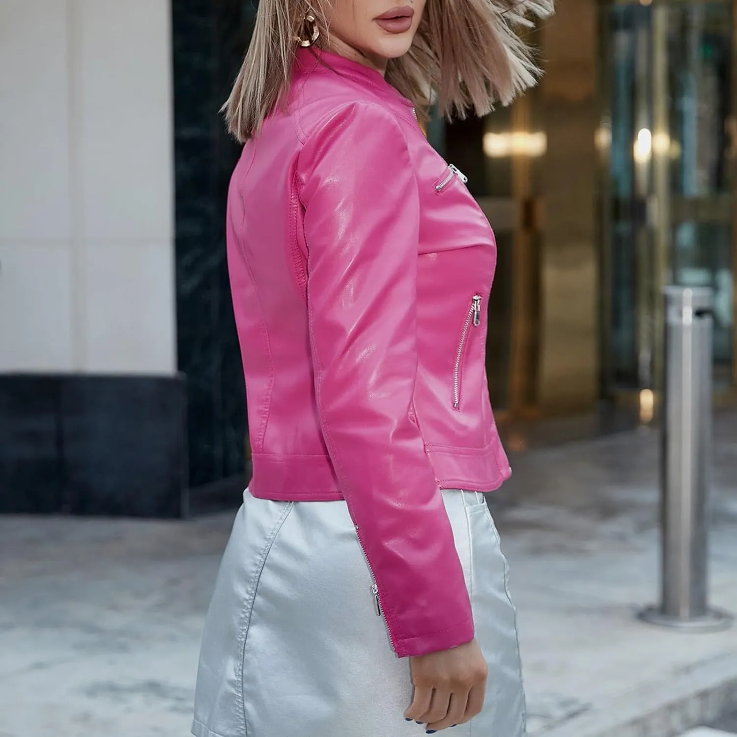 2023 Faux Leather Jackets for Women Winter Zip Up Motorcycle Short Petite Coats PU Moto Biker Outwear Fitted Slim Coat