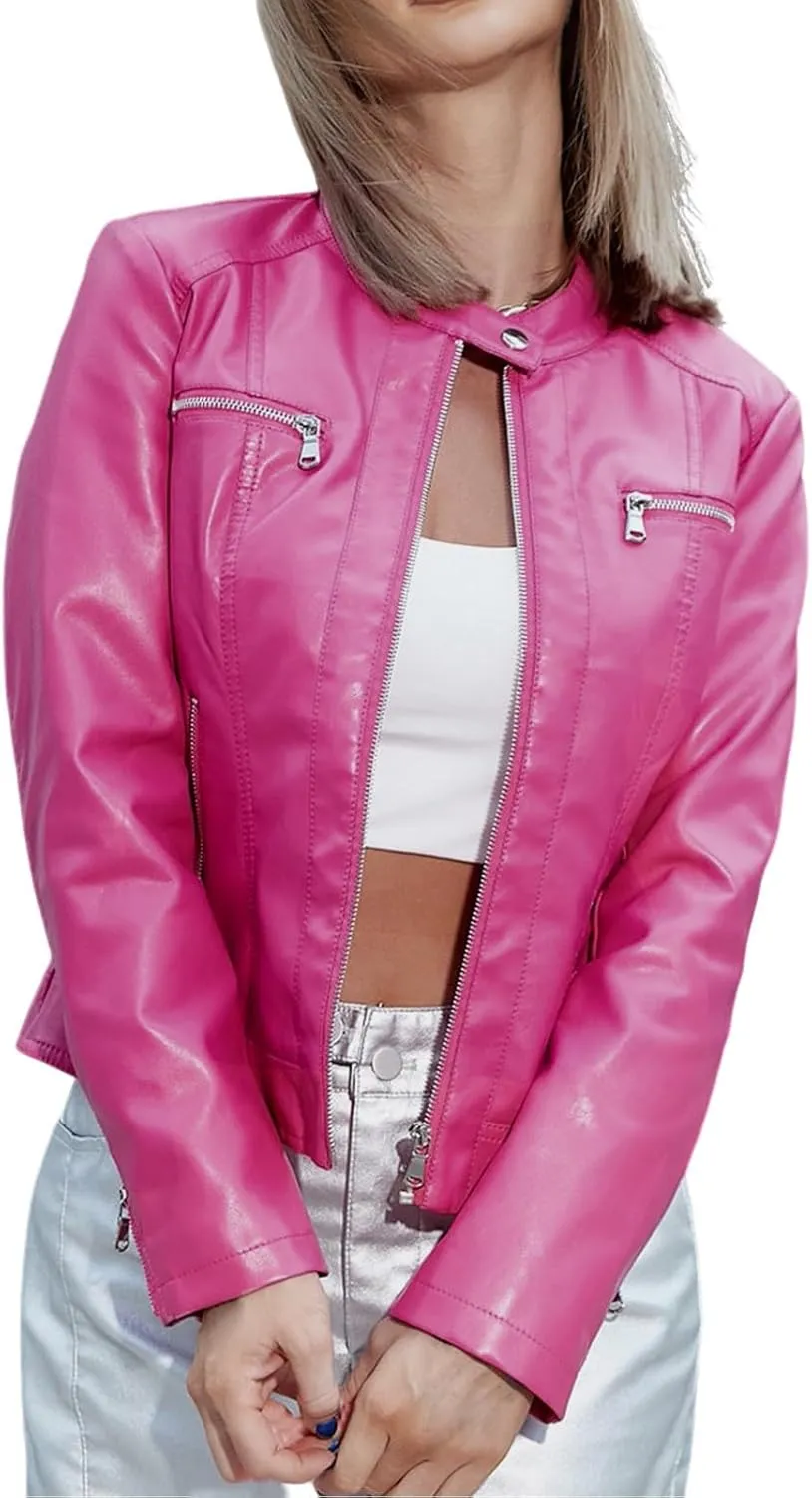 2023 Faux Leather Jackets for Women Winter Zip Up Motorcycle Short Petite Coats PU Moto Biker Outwear Fitted Slim Coat