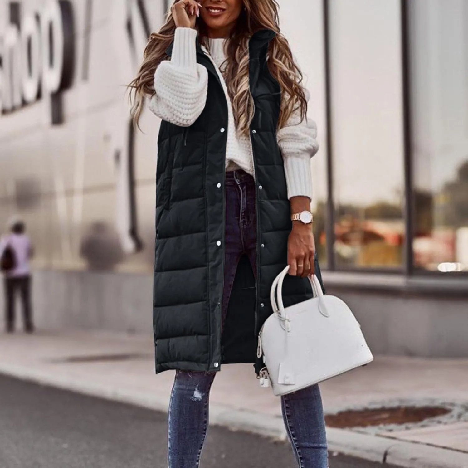2023 Womens Long Down Vest with Hood Fashion Thickened Hooded Sleeveless Puffer Jackets Long Coats Warm Winter Outerwear