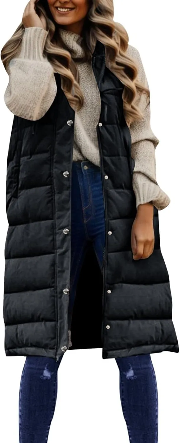 2023 Womens Long Down Vest with Hood Fashion Thickened Hooded Sleeveless Puffer Jackets Long Coats Warm Winter Outerwear