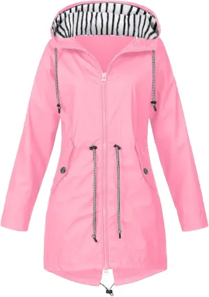 2024 Womens Rain Jacket with Hood Lightweight Trench Coat Long Sleeve Windbreaker Zip Up Drawstring Raincoat With Pockets