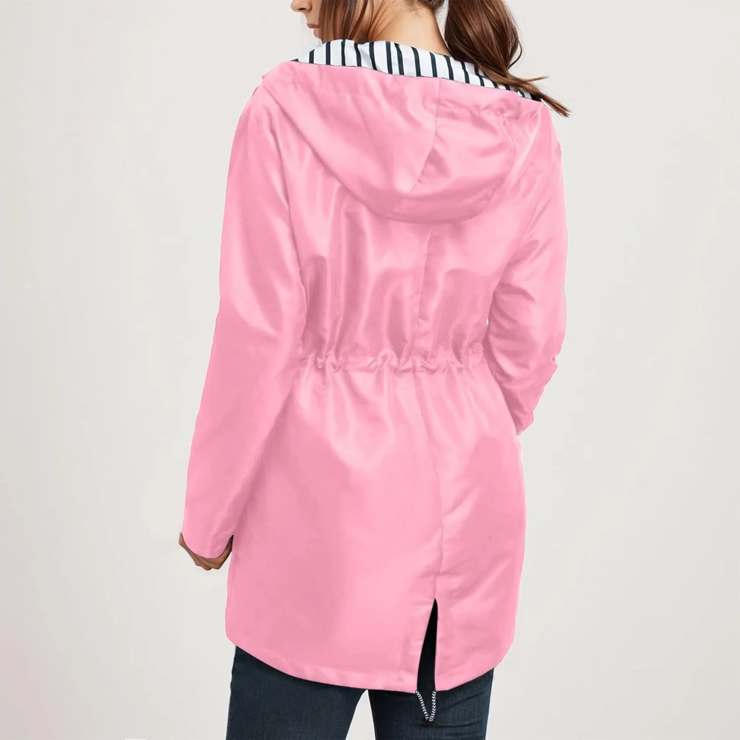 2024 Womens Rain Jacket with Hood Lightweight Trench Coat Long Sleeve Windbreaker Zip Up Drawstring Raincoat With Pockets