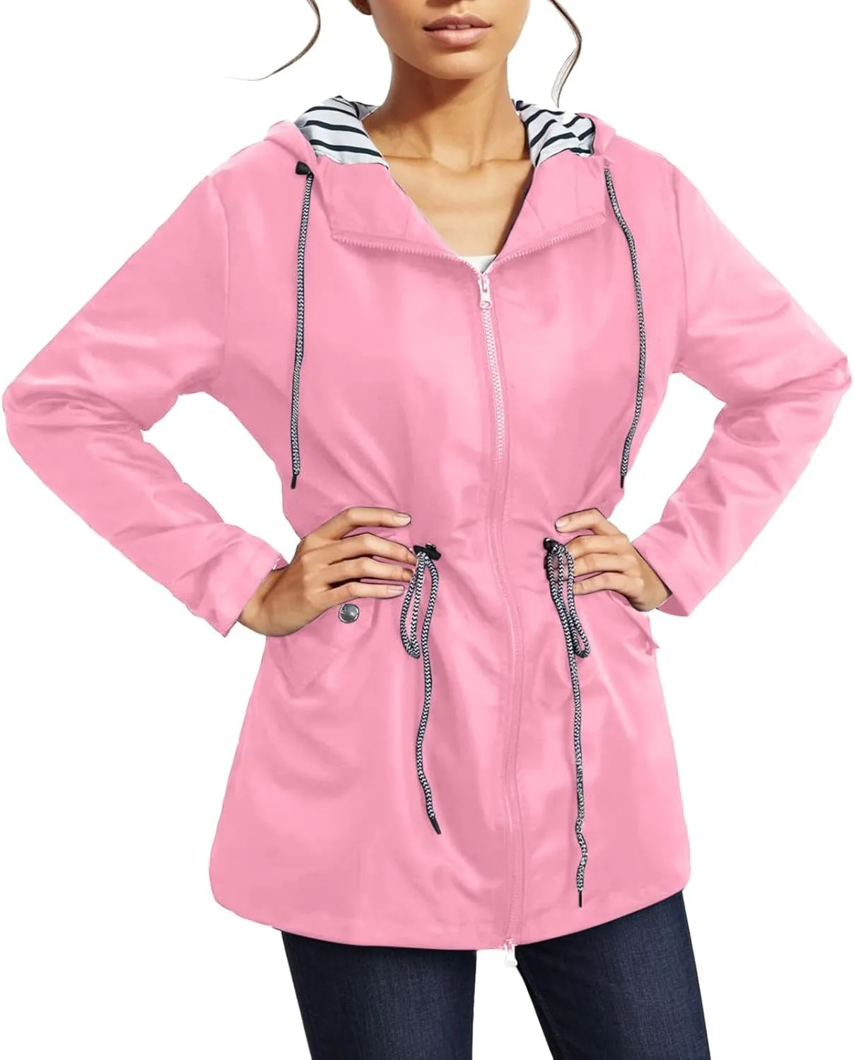 2024 Womens Rain Jacket with Hood Lightweight Trench Coat Long Sleeve Windbreaker Zip Up Drawstring Raincoat With Pockets