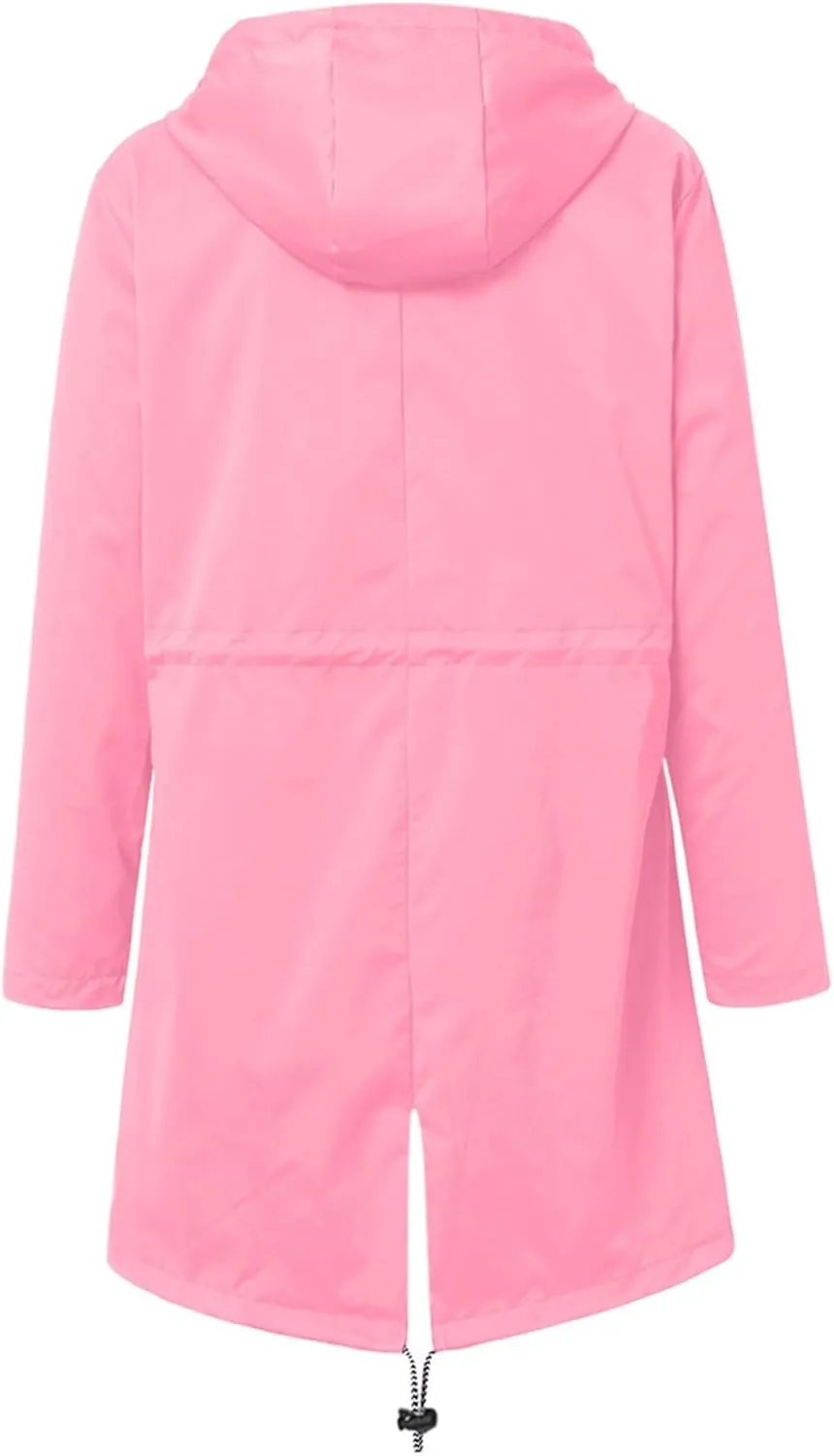 2024 Womens Rain Jacket with Hood Lightweight Trench Coat Long Sleeve Windbreaker Zip Up Drawstring Raincoat With Pockets