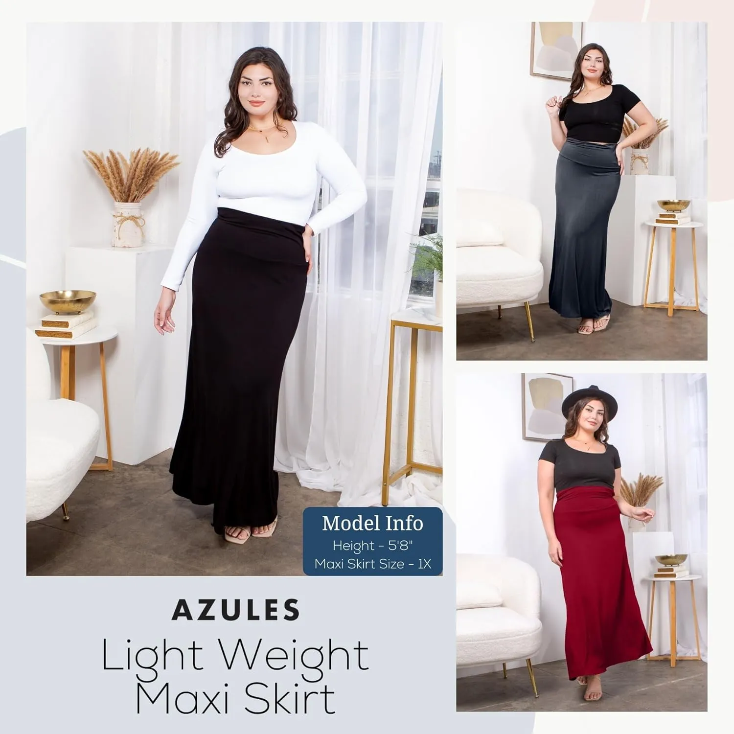 Azules Women's Maxi Skirt: Elegant, Soft, Stretchy Flowy Rayon Boho, High Waist Fold Over ?C Versatile for Any Occasion.