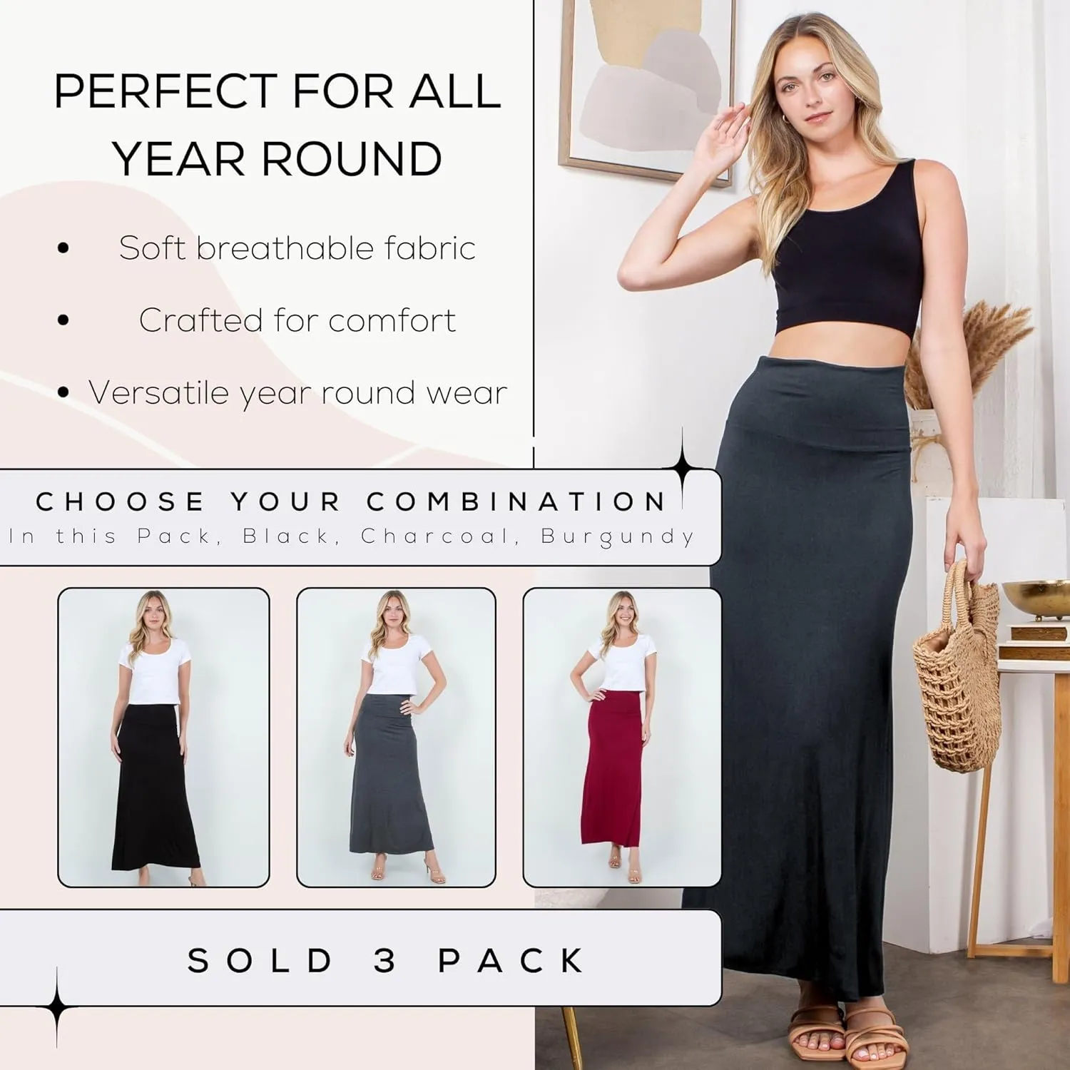 Azules Women's Maxi Skirt: Elegant, Soft, Stretchy Flowy Rayon Boho, High Waist Fold Over ?C Versatile for Any Occasion.