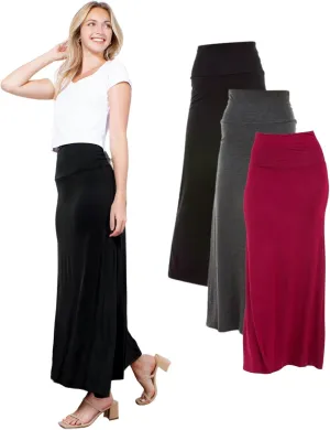 Azules Women's Maxi Skirt: Elegant, Soft, Stretchy Flowy Rayon Boho, High Waist Fold Over ?C Versatile for Any Occasion.