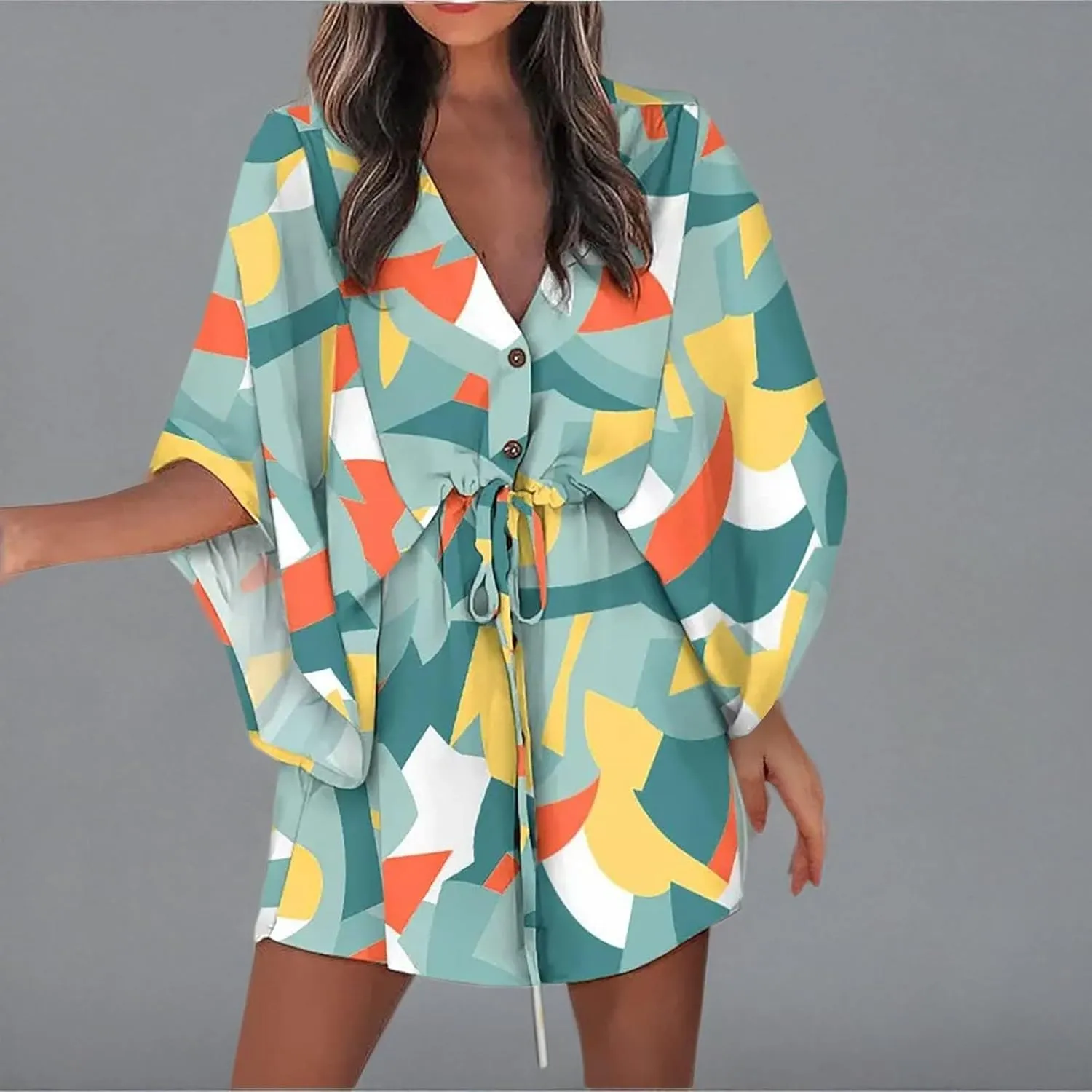 Beach Dresses for Women,2024 Summer Batwing Sleeve Floral Print Boho Dress,Casual V Neck Tiered Ruched Mini Dress