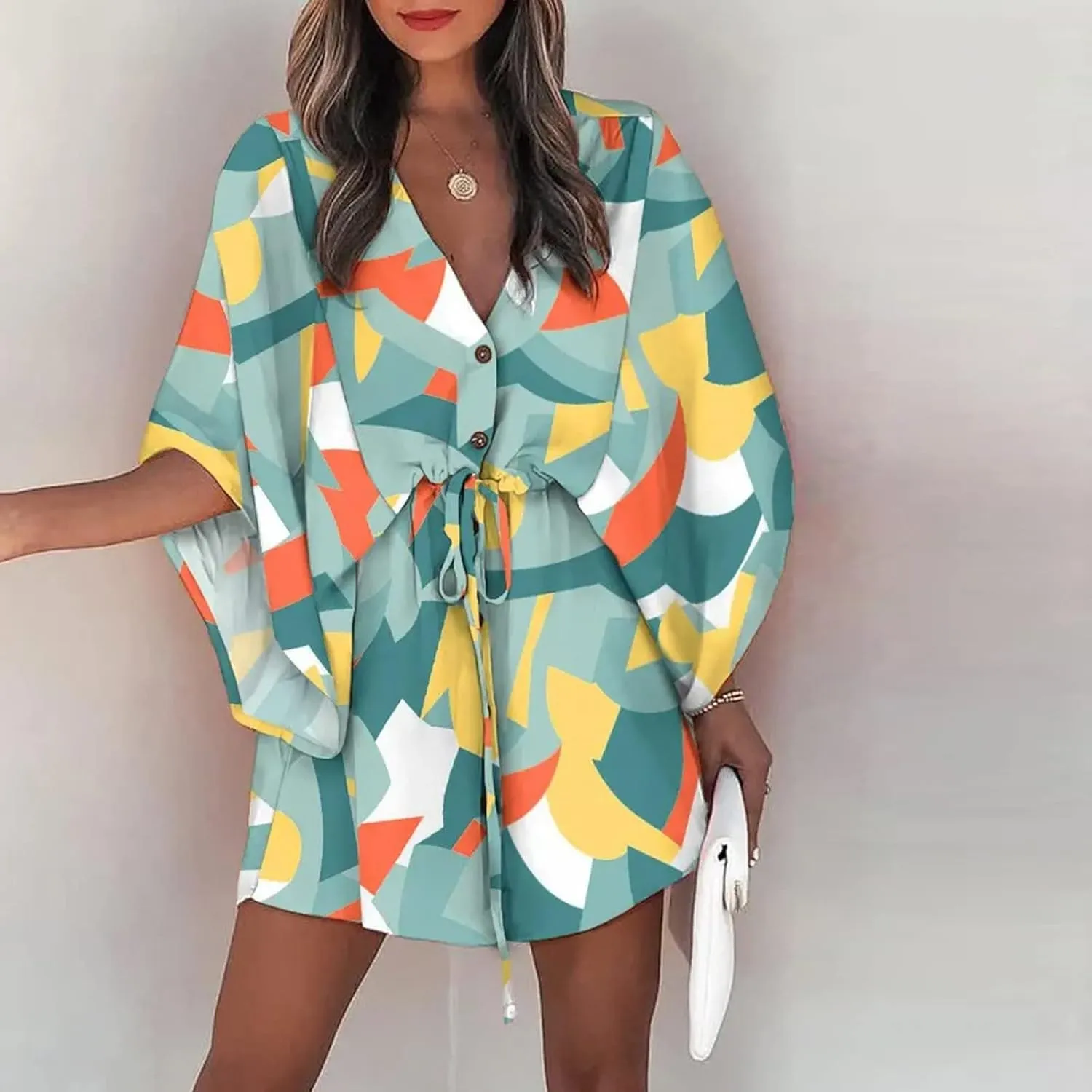 Beach Dresses for Women,2024 Summer Batwing Sleeve Floral Print Boho Dress,Casual V Neck Tiered Ruched Mini Dress