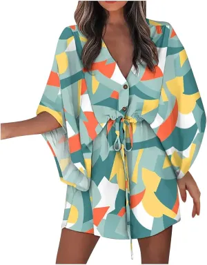 Beach Dresses for Women,2024 Summer Batwing Sleeve Floral Print Boho Dress,Casual V Neck Tiered Ruched Mini Dress
