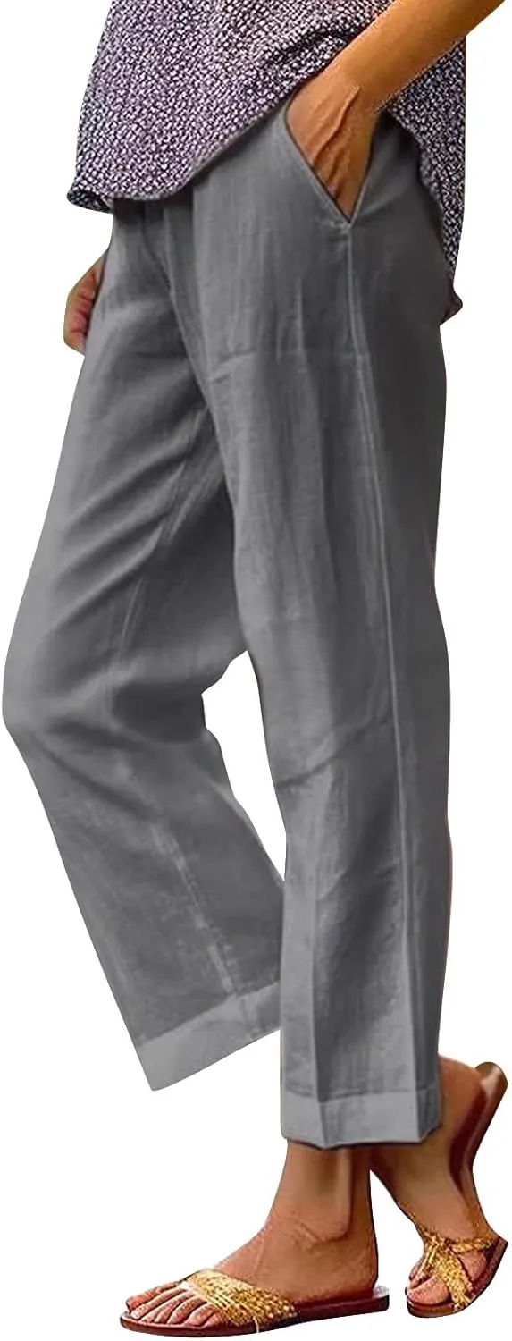 Cotton Linen Pants Women Summer Elastic Waist Palazzo Pants Plus Size Straight Leg Slack Casual Trouser with Pockets