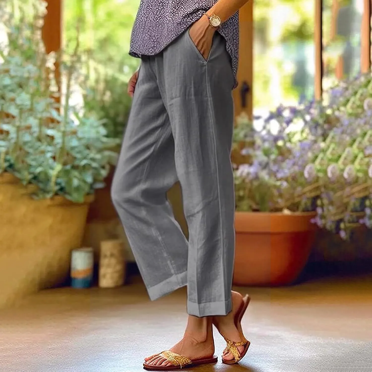 Cotton Linen Pants Women Summer Elastic Waist Palazzo Pants Plus Size Straight Leg Slack Casual Trouser with Pockets