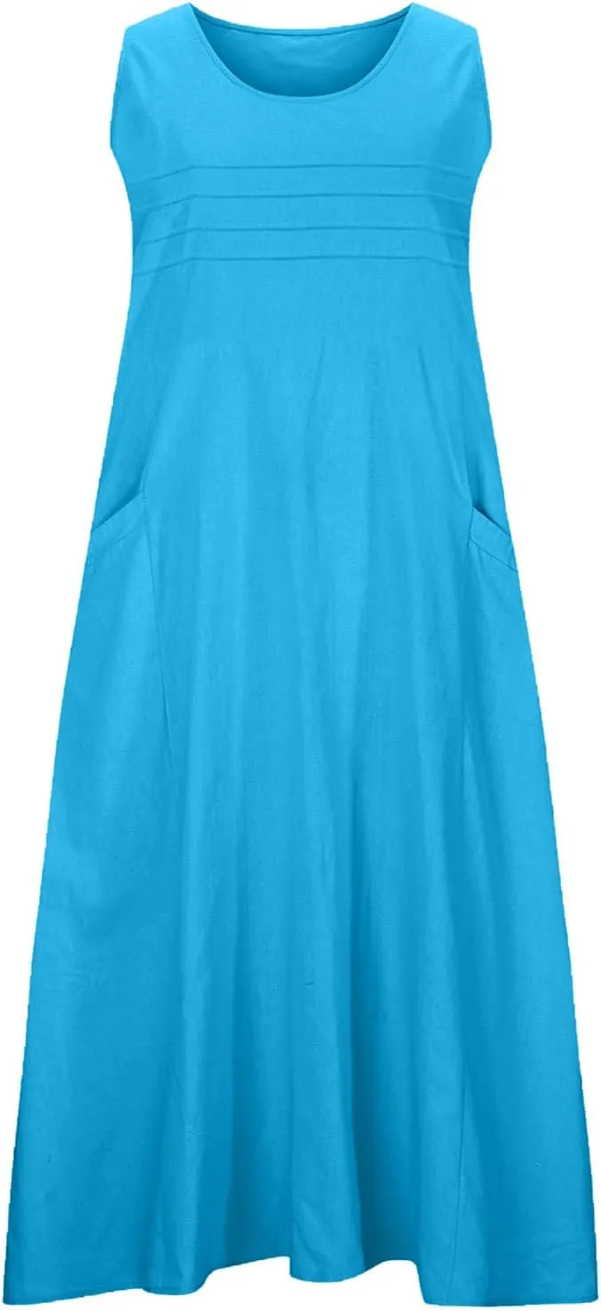 Cotton Linen Tank Dresses for Women Casual Summer Sleeveless Pleated Front Scoop Neck Flowy Midi Sundress with Pockets