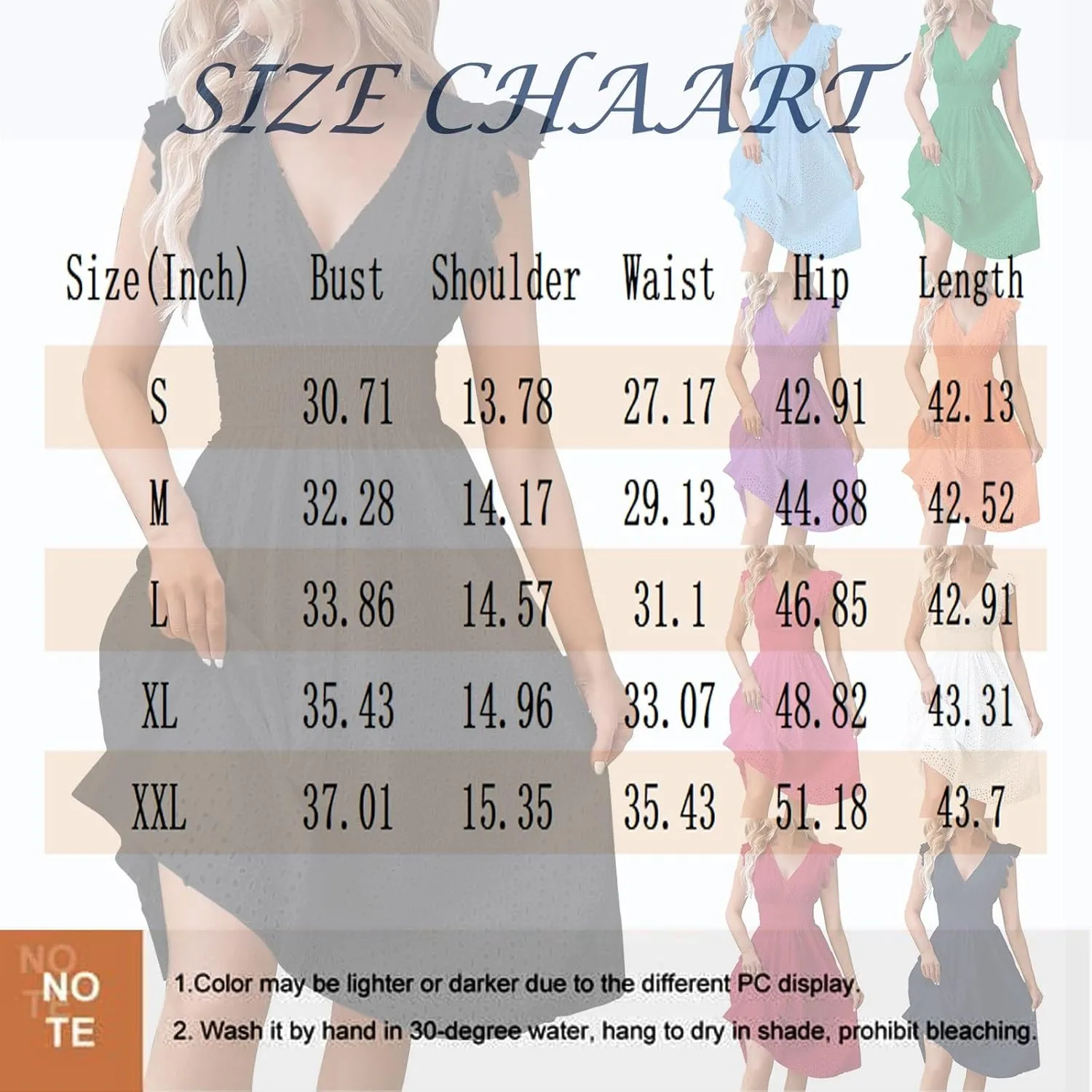 Eyelet Dress for Women Warp V Neck Ruffle Sleeve Lace Hollow Out Cinched Waist Solid Color Summer Beach Dresses