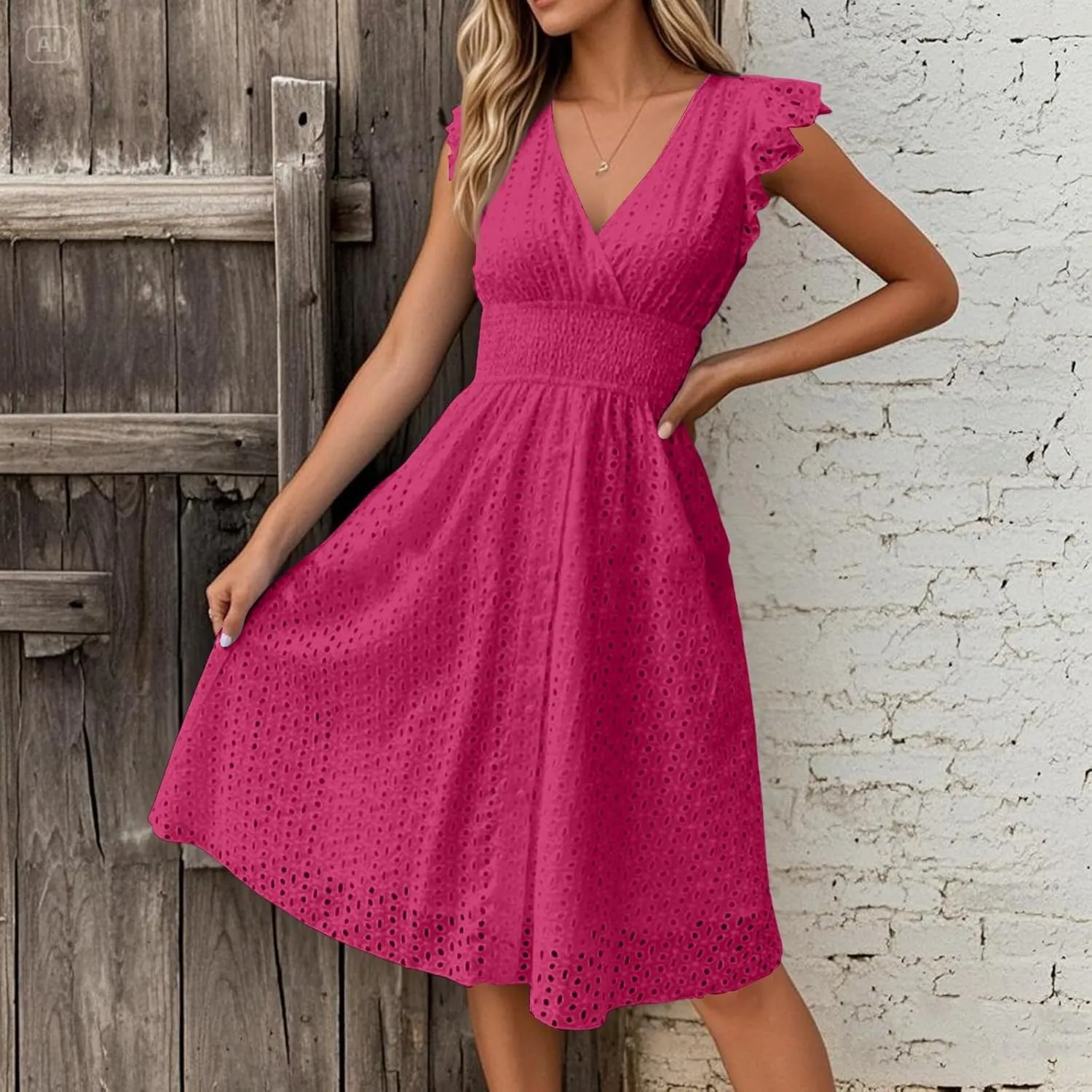 Eyelet Dress for Women Warp V Neck Ruffle Sleeve Lace Hollow Out Cinched Waist Solid Color Summer Beach Dresses