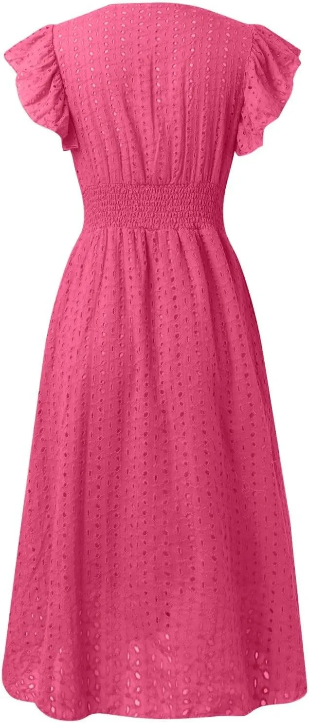 Eyelet Dress for Women Warp V Neck Ruffle Sleeve Lace Hollow Out Cinched Waist Solid Color Summer Beach Dresses