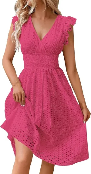 Eyelet Dress for Women Warp V Neck Ruffle Sleeve Lace Hollow Out Cinched Waist Solid Color Summer Beach Dresses