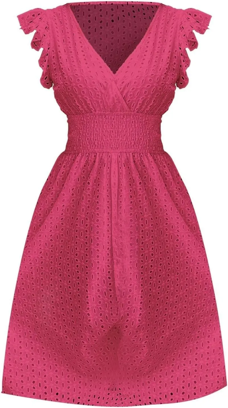 Eyelet Dress for Women Warp V Neck Ruffle Sleeve Lace Hollow Out Cinched Waist Solid Color Summer Beach Dresses