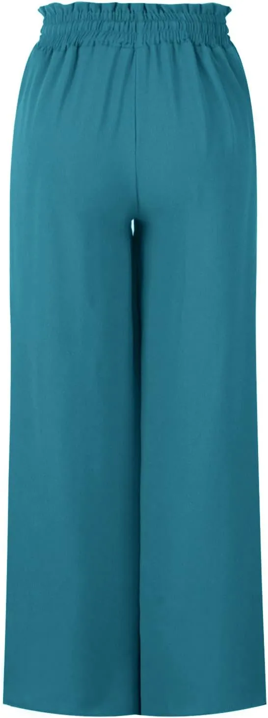Flowy Pants for Women High Waisted Wide Leg Pants Elastic Drawstring Palazzo Trousers Loose Lounge Pants with Pockets