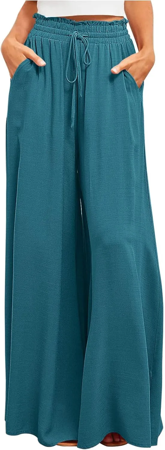 Flowy Pants for Women High Waisted Wide Leg Pants Elastic Drawstring Palazzo Trousers Loose Lounge Pants with Pockets