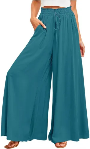 Flowy Pants for Women High Waisted Wide Leg Pants Elastic Drawstring Palazzo Trousers Loose Lounge Pants with Pockets