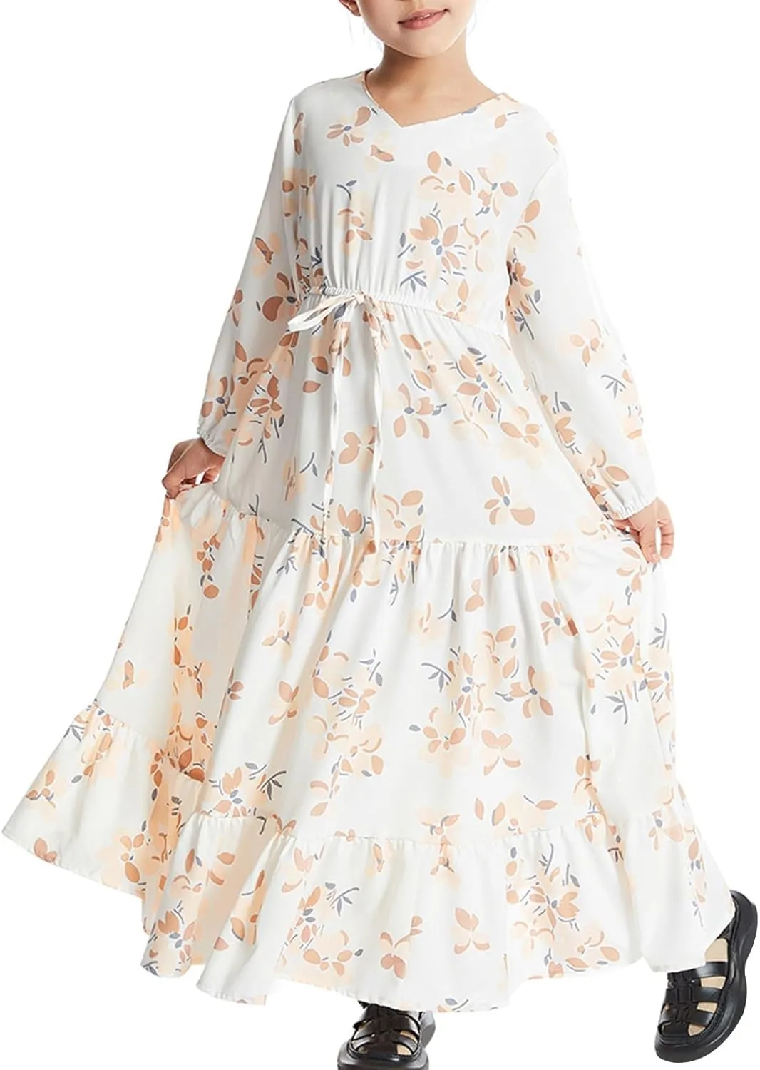 Girls Floral Midi Dress Soft Lightweight Long Sleeve Dresses with Drawstring Loose Fit Comfy Breathable Casual Skirt