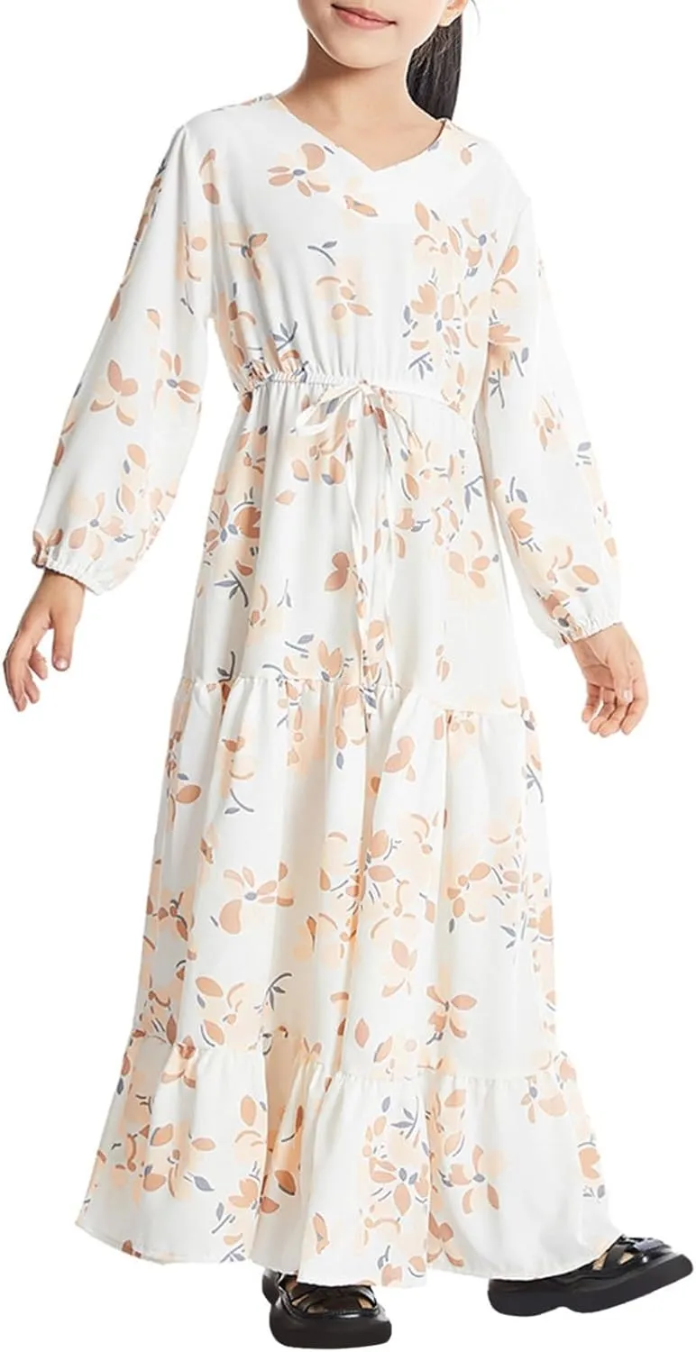Girls Floral Midi Dress Soft Lightweight Long Sleeve Dresses with Drawstring Loose Fit Comfy Breathable Casual Skirt
