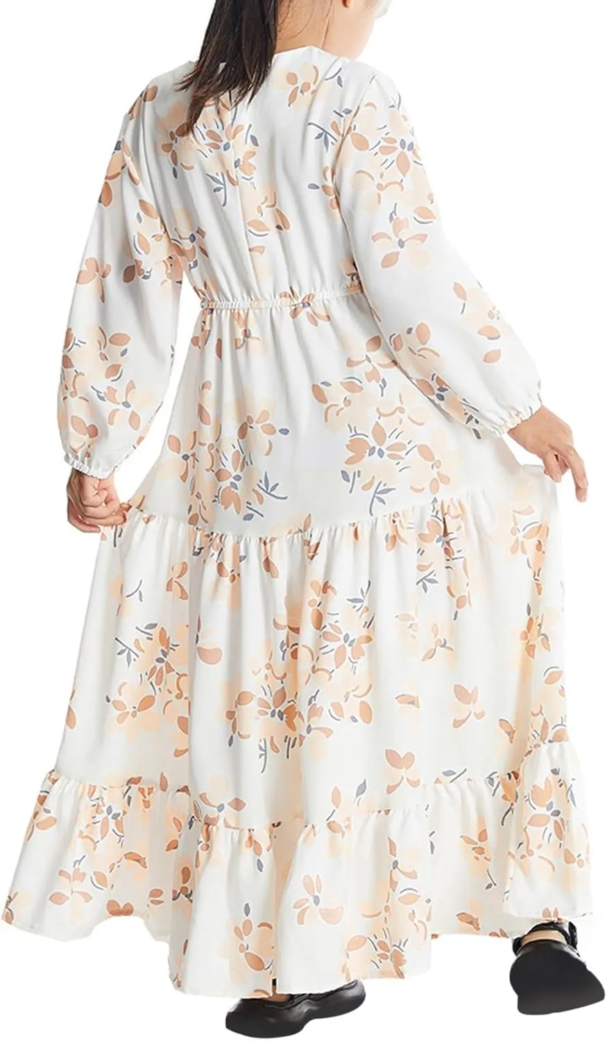 Girls Floral Midi Dress Soft Lightweight Long Sleeve Dresses with Drawstring Loose Fit Comfy Breathable Casual Skirt