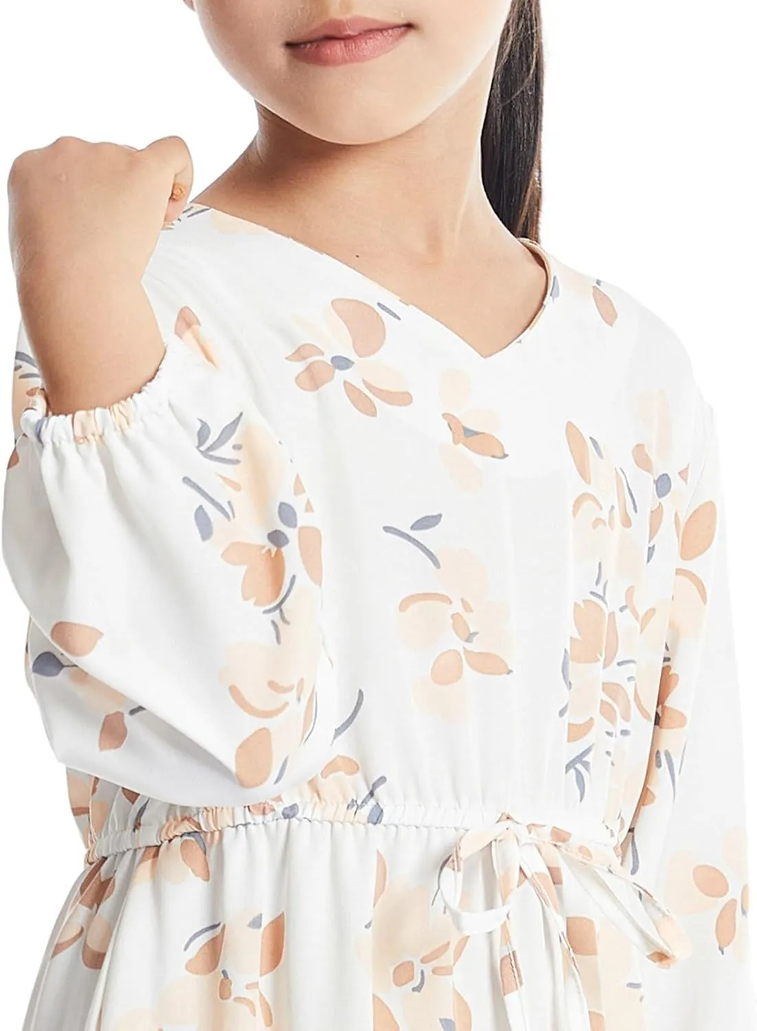 Girls Floral Midi Dress Soft Lightweight Long Sleeve Dresses with Drawstring Loose Fit Comfy Breathable Casual Skirt