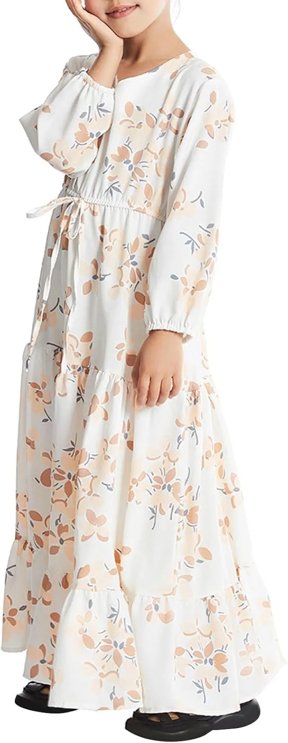 Girls Floral Midi Dress Soft Lightweight Long Sleeve Dresses with Drawstring Loose Fit Comfy Breathable Casual Skirt