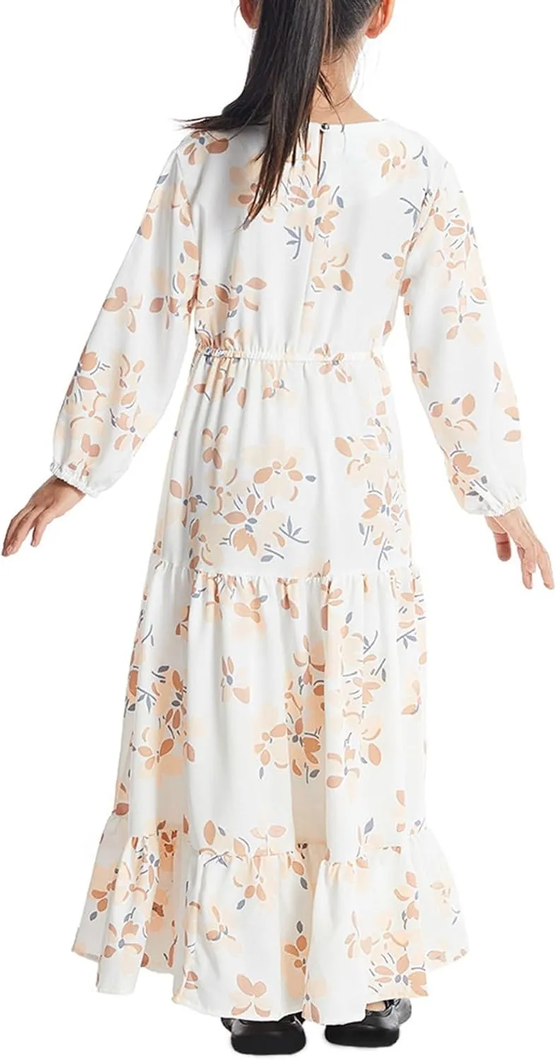 Girls Floral Midi Dress Soft Lightweight Long Sleeve Dresses with Drawstring Loose Fit Comfy Breathable Casual Skirt
