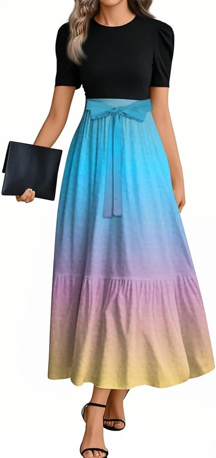 Kenvina Summer Dresses for Women Floral Print Flowy Dress Patchwork Empire Waist Short Sleeve Dress Tie Belted Maxi Dress