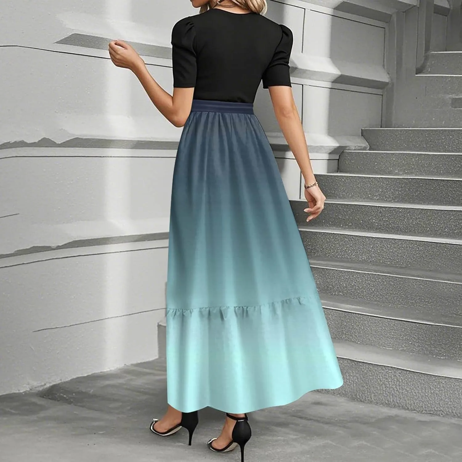 Kenvina Summer Dresses for Women Floral Print Flowy Dress Patchwork Empire Waist Short Sleeve Dress Tie Belted Maxi Dress