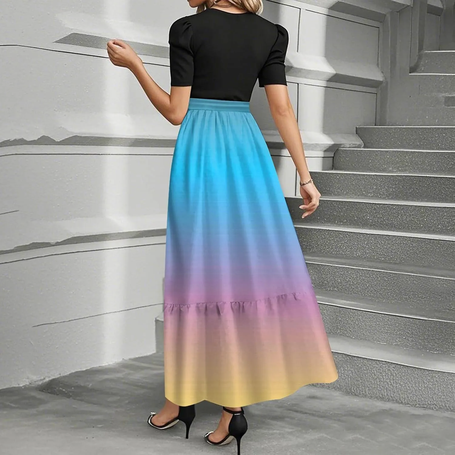 Kenvina Summer Dresses for Women Floral Print Flowy Dress Patchwork Empire Waist Short Sleeve Dress Tie Belted Maxi Dress