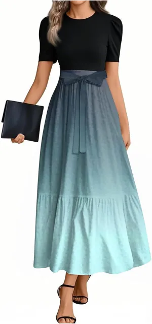 Kenvina Summer Dresses for Women Floral Print Flowy Dress Patchwork Empire Waist Short Sleeve Dress Tie Belted Maxi Dress