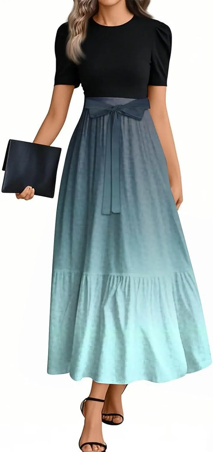 Kenvina Summer Dresses for Women Floral Print Flowy Dress Patchwork Empire Waist Short Sleeve Dress Tie Belted Maxi Dress