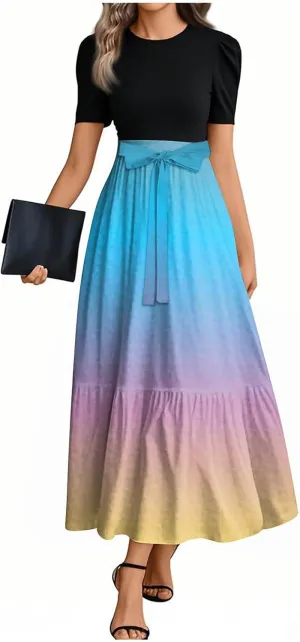 Kenvina Summer Dresses for Women Floral Print Flowy Dress Patchwork Empire Waist Short Sleeve Dress Tie Belted Maxi Dress