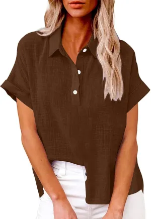 Linen Button Down Shirt Women 2025 Casual Short Sleeve Button Collared Daily Top Blouse Bathing Suit Cover Ups Tops