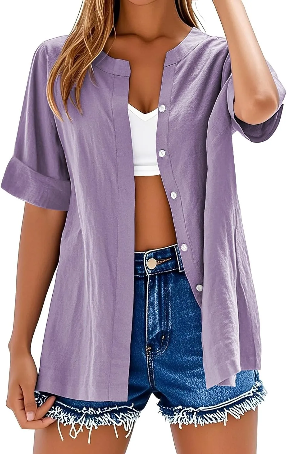 Linen Shirts for Women Summer Boho Short Tops Elbow Sleeve Button Dress Shirt Plus Size Casual Vneck Loose Work Shirt