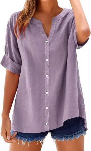 Linen Shirts for Women Summer Boho Short Tops Elbow Sleeve Button Dress Shirt Plus Size Casual Vneck Loose Work Shirt