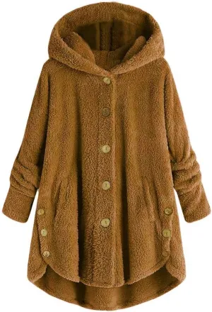 PeQAQ Women's 2023 Winter Sweater Coat Plus Size Warm Soft Fleece Jackets Button Patchwork Hooded Fuzzy Windbreaker Overcoat