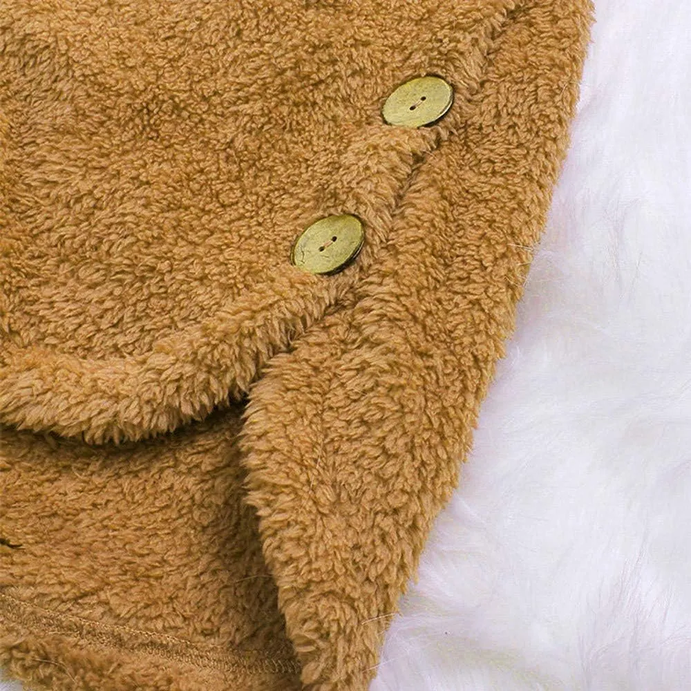 PeQAQ Women's 2023 Winter Sweater Coat Plus Size Warm Soft Fleece Jackets Button Patchwork Hooded Fuzzy Windbreaker Overcoat