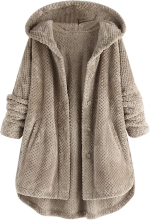 PeQAQ Women's 2023 Winter Sweater Coat Plus Size Warm Soft Fleece Jackets Button Patchwork Hooded Fuzzy Windbreaker Overcoat