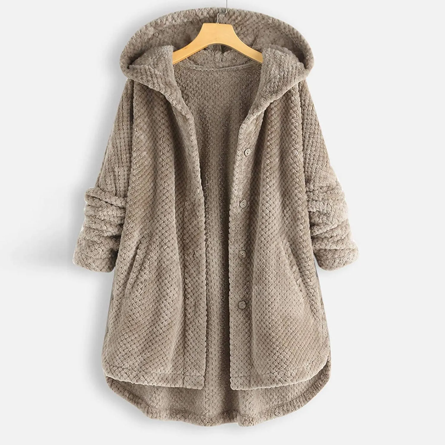 PeQAQ Women's 2023 Winter Sweater Coat Plus Size Warm Soft Fleece Jackets Button Patchwork Hooded Fuzzy Windbreaker Overcoat