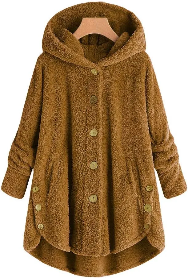 PeQAQ Women's 2023 Winter Sweater Coat Plus Size Warm Soft Fleece Jackets Button Patchwork Hooded Fuzzy Windbreaker Overcoat